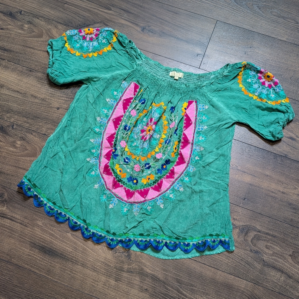Ruby Yaya Embroidered Green Pink Boho Women's Top‎ Size Large